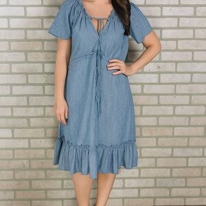 Rungolee Blue Cotton Voile Swiss Dot Flounce Hem Dress Size XS